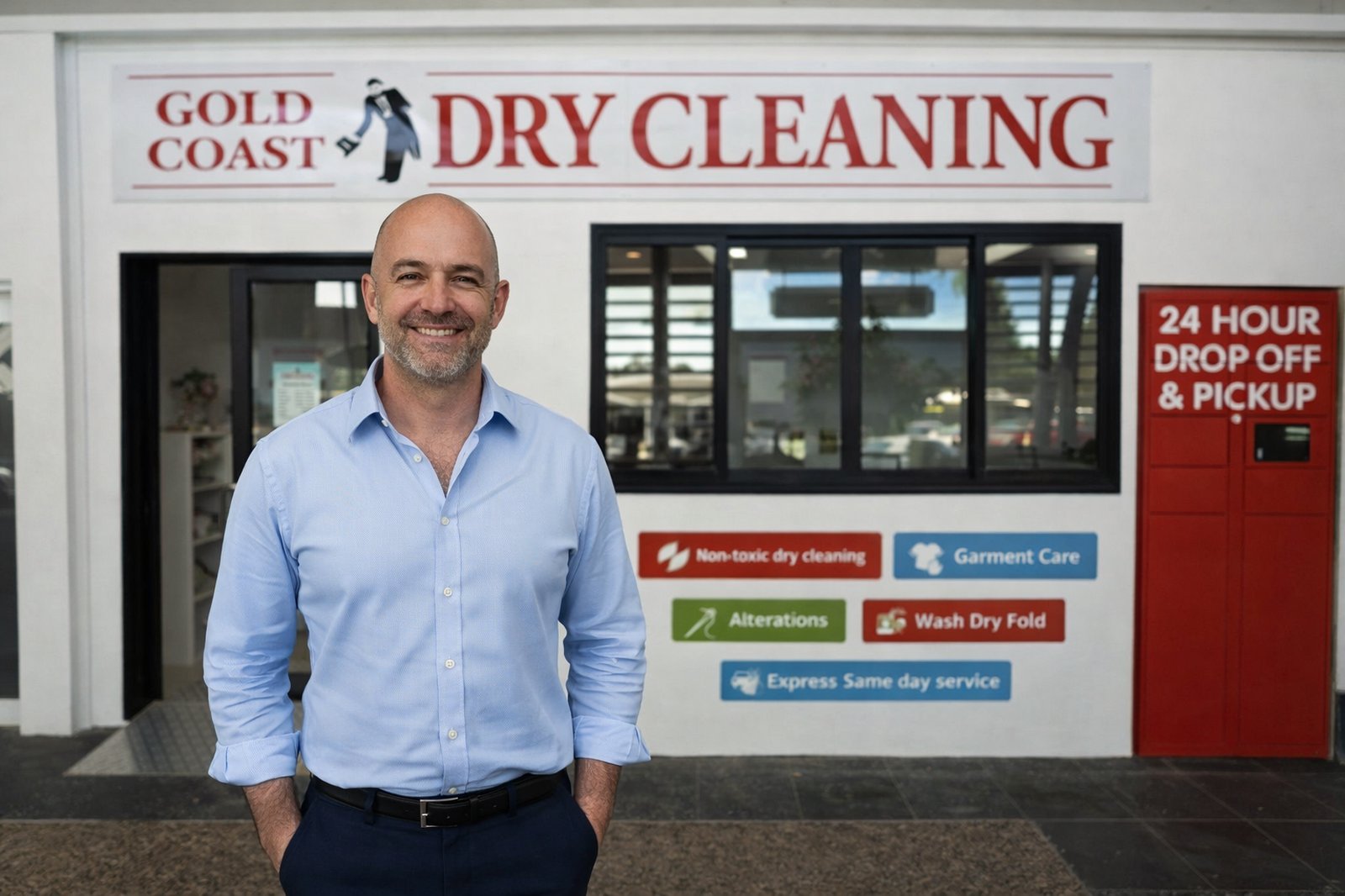 GCDC owner at Gold Coast Dry Cleaning storefront with 24-hour drop-off locker